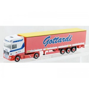 Herpa-Pirata 950398 Gottardi DAF motrice bianca, strisce azzurro, rimorchio rosso scala H0